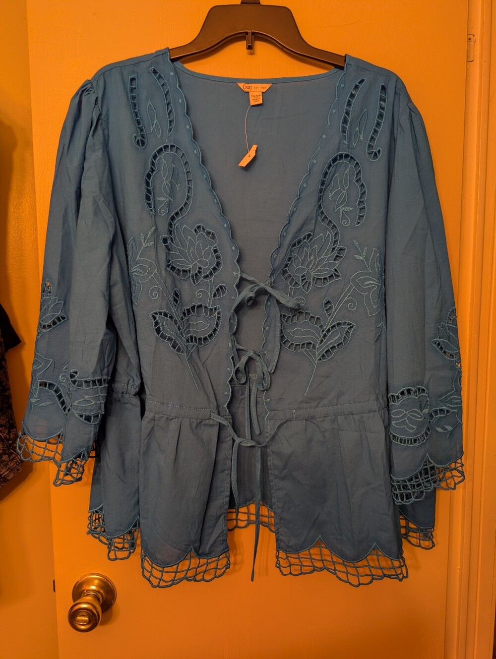 Cato Blue Embroidered Tie-Front Tunic Top